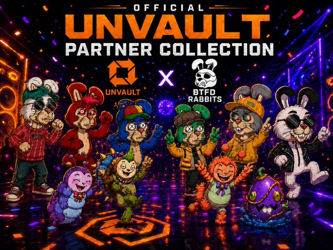 The promotional image features a lineup of cartoon rabbit characters from the "BTFD Rabbits" collection, displayed against a neon-lit party background with confetti and disco lights. The text reads "OFFICIAL UNVAULT PARTNER COLLECTION" alongside the UNVAULT and BTFD RABBITS logos, visually announcing the collaboration and milestone celebration mentioned in the post.