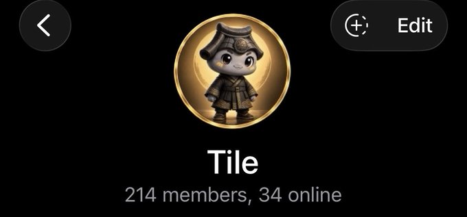 A Telegram or Discord group profile for 'Tile' featuring a golden coin mascot wearing samurai armor, showing 214 members with 34 online.