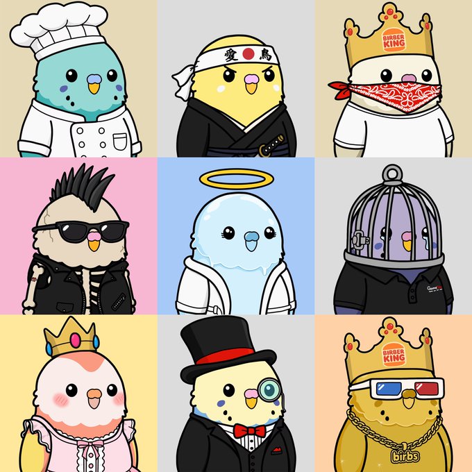 A 3x3 grid of cartoon bird characters in various costumes including a chef, samurai, Burger King mascot, punk, angel, caged figure, princess, tophat gentleman, and 3D glasses wearer.