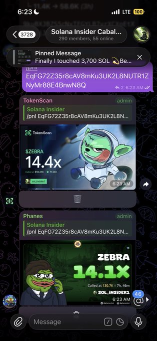A mobile screenshot of a Telegram group called 'Solana Insider Cabal...' with 290 members, showing pinned messages and trading calls including a 'ZEBRA' token alert showing '14.4x' gains posted by TokenScan and Phanes.