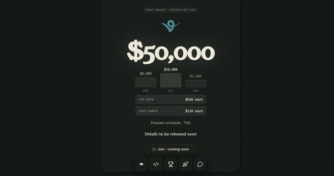 A dark-themed graphic displays a "$50,000" total prize pool for an event concept hackathon, breaking down rewards as $20,000 for 1st place, $8,000 for 2nd, $4,000 for 3rd, $500 each for 4th–20th, and $118 each for 21st–100th place, with "Details to be released soon" and a "Join - coming soon" button. The image visually summarizes the post's announcement of prize tiers and calls on CT users to participate in the @commonsmade hackathon.