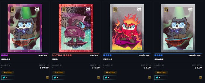 Four pixel-art NFT collectible cards displayed on a marketplace, including characters labeled 'SHADE' (Epic, 23/23), 'XENO' (Ultra Rare, 31/45), 'FERNO' (Rare, 26/154), and 'SHADE' (Rare, 180/154).