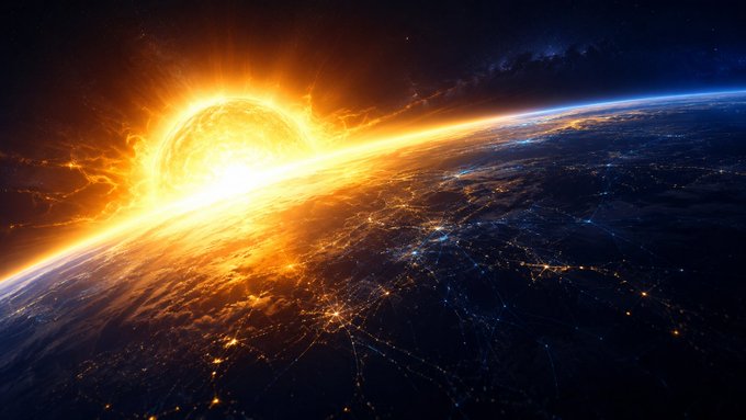 A dramatic space scene showing a massive fiery sun or explosion rising over Earth's horizon at night, with city lights visible on the dark surface below.
