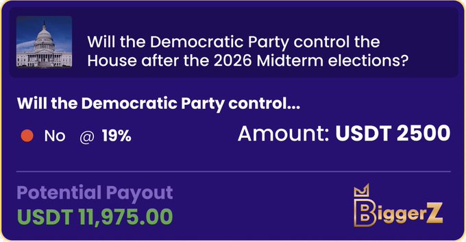 The image features a blue square sign that displays text related to a political scenario involving a Democratic Party controlling the House after the 2016 Midterm elections. The text states that if the Democratic Party controls the House, they will have the power to decide on what happens next year as well as determine how much money should be allocated for campaign activities during the upcoming November midterms. There is also information about a potential political bet where people can either contribute $USDT or other forms of payment in order to predict the outcome of the Midterm elections. This indicates that there is something interesting happening, and it could potentially affect many individuals' lives depending on the results.