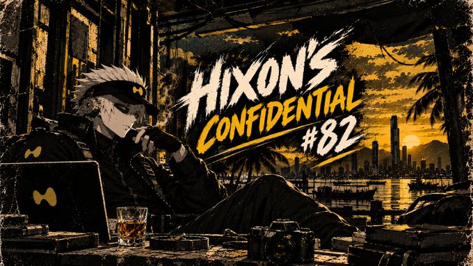 Promotional artwork titled 'HIXON'S CONFIDENTIAL #82' featuring an anime-style character with white spiky hair wearing a black cap, sitting at a table with a laptop, camera, and a glass of whiskey, with a tropical sunset cityscape in the background.