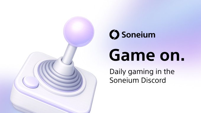 A 3D-rendered white and purple joystick appears next to the text "Soneium - Game on. Daily gaming in the Soneium Discord," visually promoting the daily gaming community sessions highlighted in the post.