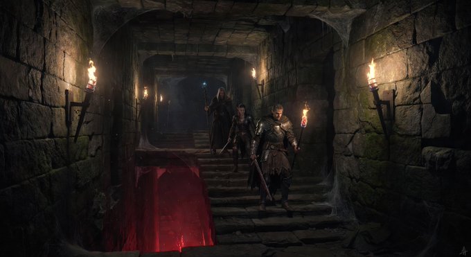 Three adventurers with torches and weapons descending stone stairs in a dimly lit dungeon corridor from a fantasy video game.