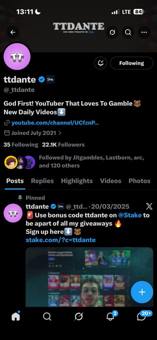 A social media profile for 'ttdante' (@ttdante) shows the bio 'God First! YouTuber That Loves To Gamble' with '22.1K Followers' and a pinned post mentioning a 'Stake' giveaway.