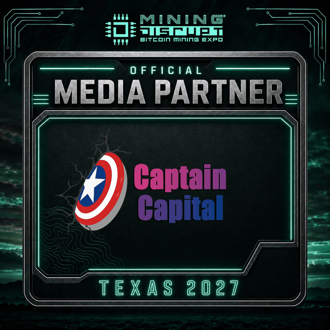 The image is a promotional badge for Mining Disrupt 2027, a Bitcoin mining expo taking place in Texas, featuring Captain Capital's logo—styled after Captain America's shield—next to bold pink and purple text, designating it as an Official Media Partner for the event.