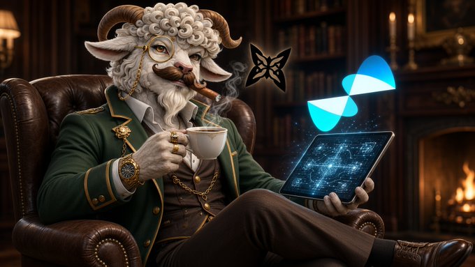 A digital artwork depicting an anthropomorphic goat in a green suit and monocle sitting in a leather armchair, smoking a cigar and holding a teacup and a tablet displaying a constellation pattern, with logos floating above.