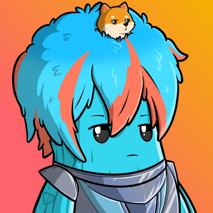 A digital cartoon illustration of a blue-skinned character with pink-streaked teal hair wearing armor, with a small Shiba Inu dog perched on their head against an orange gradient background.