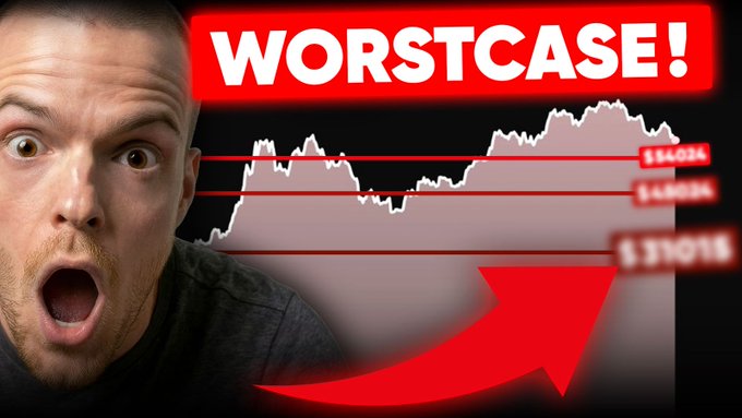A shocked-looking man appears on the left side of the image next to a Bitcoin price chart with a downward red arrow, suggesting a sharp decline. Bold text reading "WORSTCASE!" is displayed at the top, with price levels marked at $54,024, $48,000, and $39,016, illustrating the worst-case price scenarios for Bitcoin referenced in the post about potential further declines.