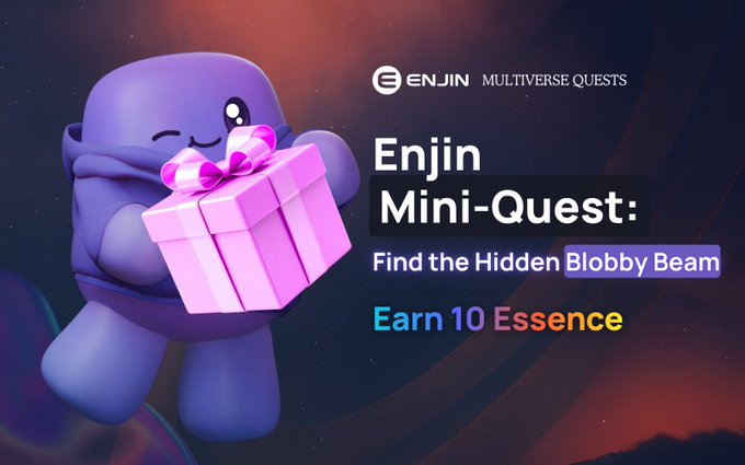 A cute purple Blobby character holds a pink gift box alongside text announcing an "Enjin Mini-Quest" to "Find the Hidden Blobby Beam" and "Earn 10 Essence," promoting the Enjin Multiverse Quests initiative on NFT.io.