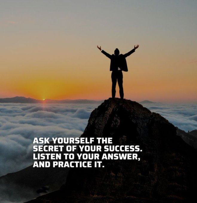 A silhouette of a person standing triumphantly on a mountain peak above the clouds at sunrise, with text reading 'ASK YOURSELF THE SECRET OF YOUR SUCCESS. LISTEN TO YOUR ANSWER, AND PRACTICE IT.'