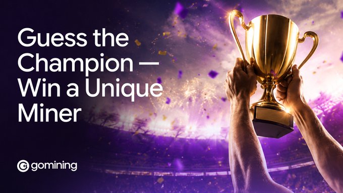 A promotional graphic for GoMining features hands hoisting a gleaming gold trophy amid purple stadium lights and confetti, with text reading "Guess the Champion — Win a Unique Miner" alongside the gomining logo, visually celebrating a raffle for users who correctly predict the winning national team.