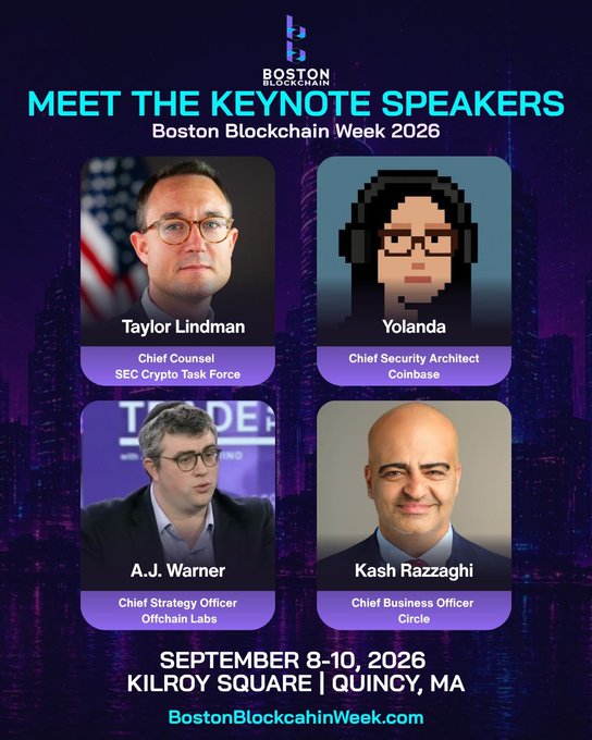 Promotional graphic for Boston Blockchain Week 2026 (September 8-10, 2026 at Kilroy Square, Quincy, MA) showcasing four keynote speakers: Taylor Lindman (Chief Counsel, SEC Crypto Task Force), Yolanda (Chief Security Architect, Coinbase), A.J. Warner (Chief Strategy Officer, Offchain Labs), and Kash Razzaghi (Chief Business Officer, Circle). The image directly supports the post by highlighting A.J. Warner as one of the featured speakers at the event.