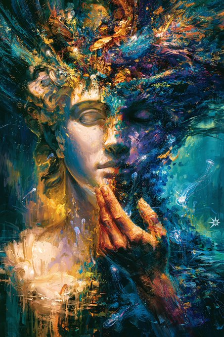Vibrant, abstract painting featuring a face with hands clasped in prayer, surrounded by swirling colors of blue, orange, and gold with glowing jellyfish-like figures.