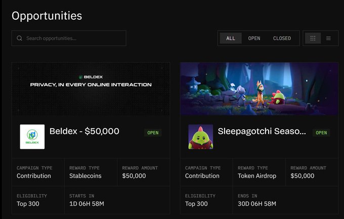 A dark-themed Opportunities dashboard showing two open campaigns: "Beldex - $50,000" (Contribution, Stablecoins, $50,000) starting in 1D 06H 58M, and "Sleepagotchi Season..." (Contribution, Token Airdrop, $50,000) ending in 30D 06H 58M.