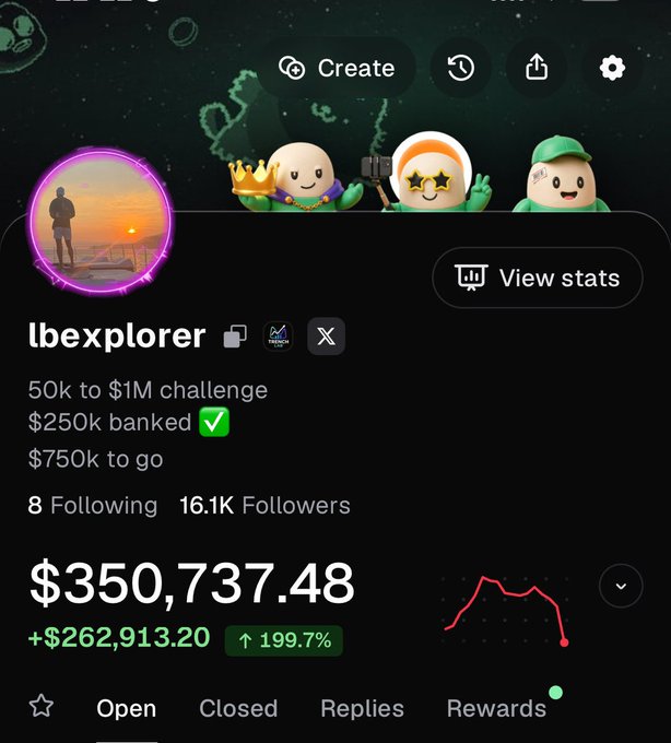 A screenshot of a Stocktwits profile for "lbexplorer" shows a "50k to $1M challenge" with $250k banked and $750k remaining, alongside a portfolio value of $350,737.48 (+199.7%). The image aligns with the post, providing visual confirmation of the challenge progress and total gains claimed in the update.