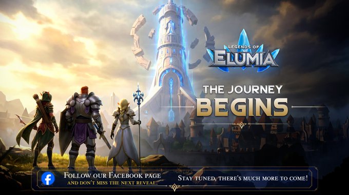 A promotional graphic for the game 'LEGENDS OF ELUMIA' with the text 'THE JOURNEY BEGINS' and 'FOLLOW OUR FACEBOOK PAGE AND DON'T MISS THE NEXT REVEAL! STAY TUNED, THERE'S MUCH MORE TO COME!', featuring fantasy characters looking toward a tower.