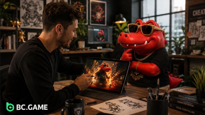 A promotional image for BC.GAME showing a man working on digital art at a laptop while a red alligator character wearing sunglasses and a gold chain looks on approvingly.