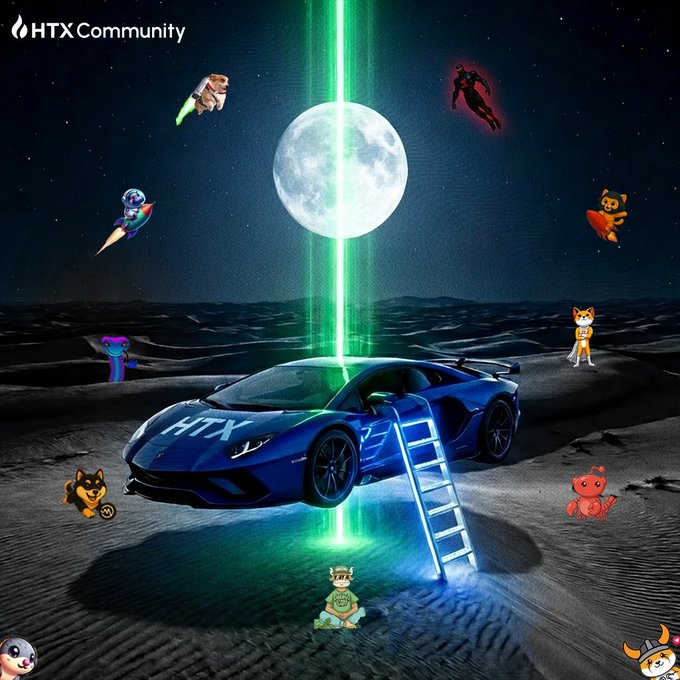 HTX Community promotional artwork depicting a blue Lamborghini on a moonlit landscape with a glowing green beam, surrounded by various cartoon mascot characters.