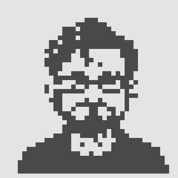 A pixelated black-and-white portrait of a person with glasses, a mustache, and short hair, rendered in a blocky retro style.