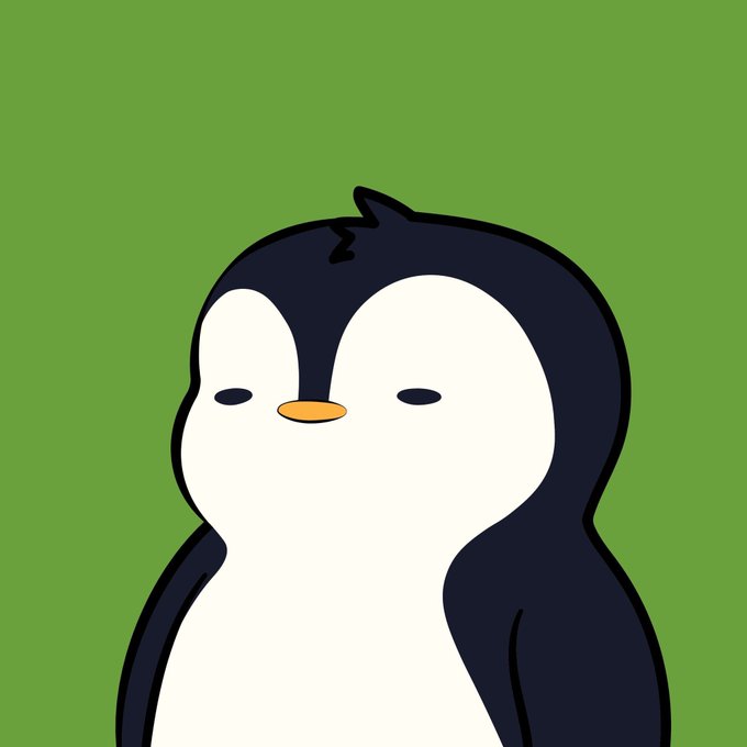 The image features a cartoon penguin, likely an animated character, standing against a green background. The penguin appears to be looking off into the distance or staring upwards with its eyes closed. There are no texts or other objects present in the image. This scene might be used as a background for a social media post or advertisement that promotes Pudgy Penguin merchandise, such as t-shirts or collectibles, and attributes it to a valuable item like an autographed Pudgy Penguin.