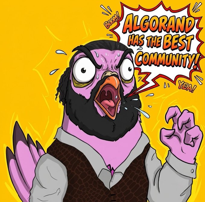The image features a cartoon bird with an angry expression, wearing a brown vest and a white shirt. The bird's mouth is open wide, as if shouting or roaring. The background of the image is yellow, which contrasts with the purple color of the bird. There are also some text elements in the image that read "Algorand has the BEST Community!".