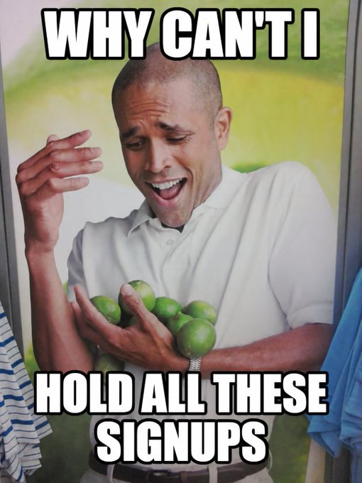A man (resembling Dwayne "The Rock" Johnson) is shown crying while clutching a handful of green limes, with bold meme text reading "WHY CAN'T I HOLD ALL THESE SIGNUPS." The image humorously illustrates the accompanying post, which explains that demand for Jev has been so overwhelming that signups have been temporarily paused to maintain service quality for existing users.