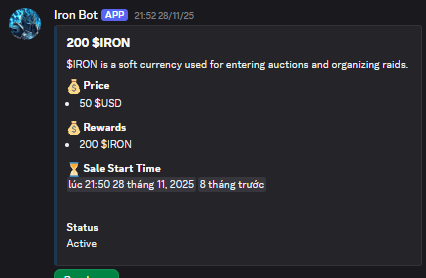 A Discord interface screenshot showing an Iron Bot listing for '200 $IRON' priced at '50 $USD' with the status 'Active'.