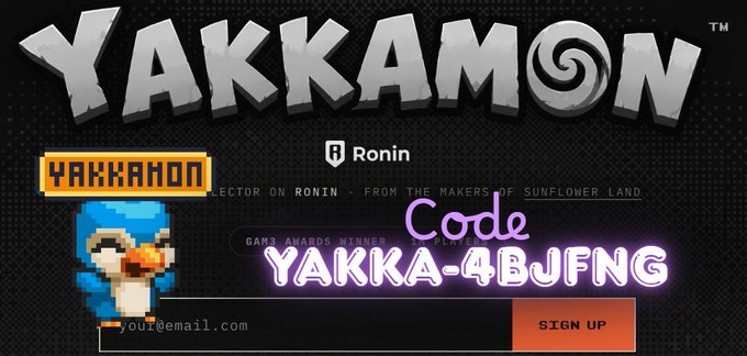 A promotional graphic for YAKKAMON featuring a pixel art penguin character, with the code 'YAKKA-4BJFNG' displayed prominently and a sign-up field for email collection.