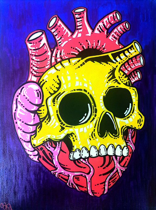 A vibrant, stylized painting of an anatomical heart merged with a yellow skull, featuring dark eye sockets and bared teeth against a dark blue background.