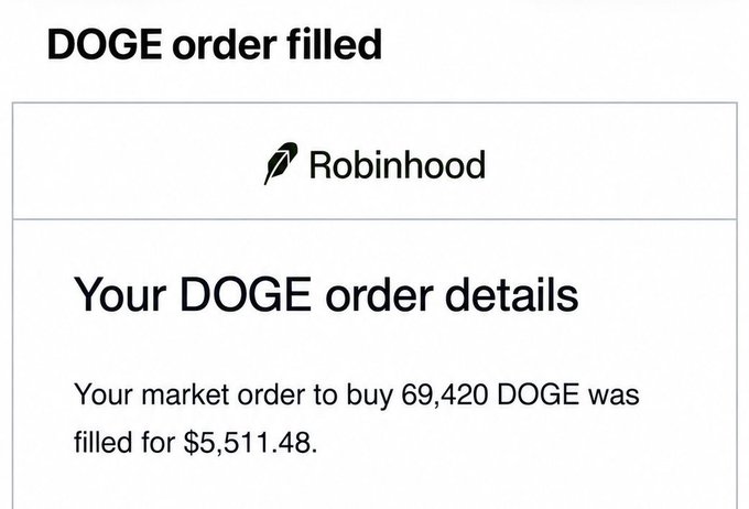 A Robinhood notification screenshot showing a DOGE order filled, stating: 'Your market order to buy 69,420 DOGE was filled for $5,511.48.'