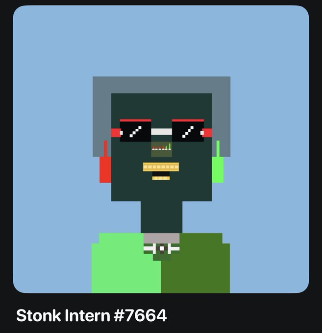 A pixel art NFT-style portrait labeled 'Stonk Intern #7664' depicts a blocky figure with red and green earrings, red sunglasses, and gold teeth against a blue background.