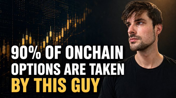 A man is featured on the right against a background showing a candlestick price chart, with bold text reading "90% OF ONCHAIN OPTIONS ARE TAKEN BY THIS GUY"—a thumbnail referencing Nick Forster's interview about Derive's dominance and innovation in the onchain options market.