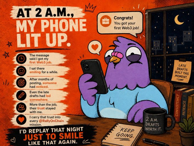 A vibrant illustrated story panel titled 'AT 2 A.M., MY PHONE LIT UP.' featuring a purple owl character reading a message that says 'Congrats! You got your first Web3 job!', with narrative notes about Web3 trust and mission.