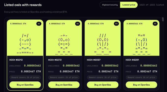 A screenshot of an OpenSea NFT marketplace page showing four listed 'HOOT' owl NFTs (HOOts #9213, #9272, #9097, #9281) each priced at 0.0002467 ETH with 0.000003662 ETH in unclaimed rewards.