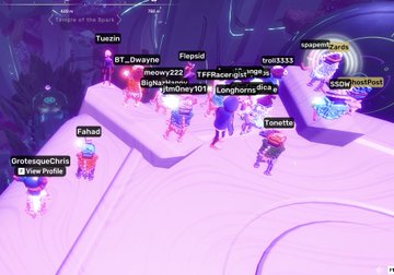 A screenshot from a 3D multiplayer game showing player avatars with usernames like 'Tuzzin', 'Flopoid', 'Fahad', and 'Tonetto' standing in a purple/pink environment, with a 'View Profile' prompt for 'GrotesqueChris'.
