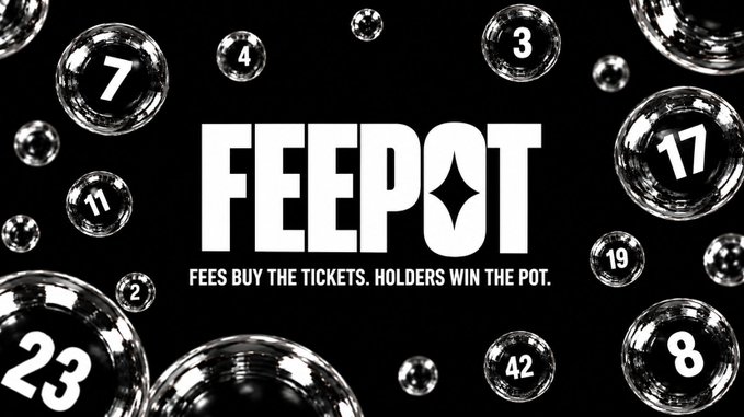 A black and white graphic for 'FEEPOT' with the tagline 'FEES BUY THE TICKETS. HOLDERS WIN THE POT.' surrounded by numbered lottery-style balls.