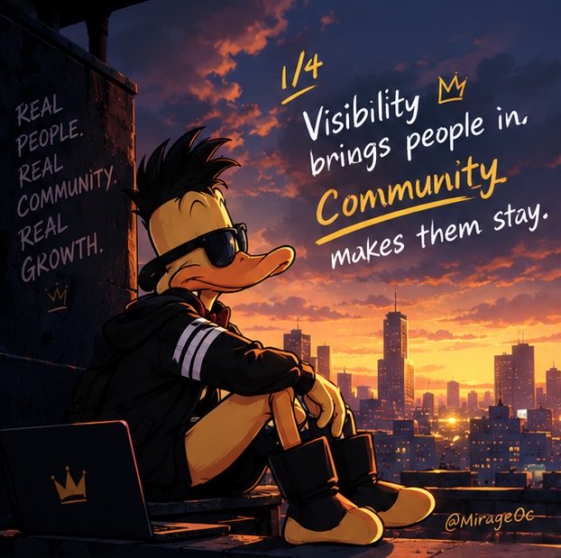 An artistic illustration of Donald Duck dressed in streetwear (black hoodie, sunglasses) sitting on a rooftop at sunset overlooking a city skyline, with text reading '1/4 Visibility brings people in. Community makes them stay,' 'REAL PEOPLE. REAL COMMUNITY. REAL GROWTH.', and watermarked '@Mirage0c'.