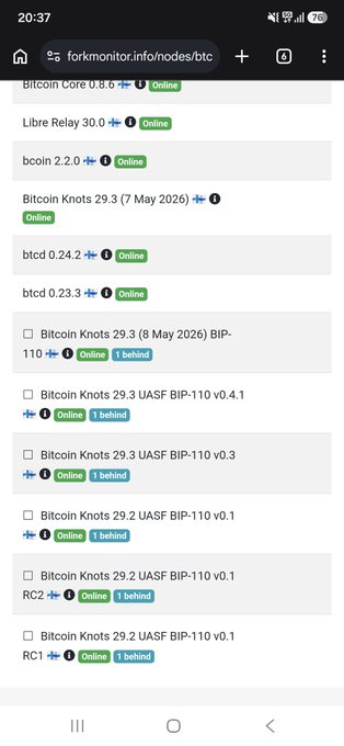 A mobile screenshot of forkmonitor.info/modes/btc shows the online status of various Bitcoin nodes including Bitcoin Core 0.8.6, Libre Relay 30.0, bcoin 2.2.0, Bitcoin Knots 29.3, and btcd versions.