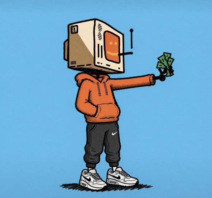 A cartoon illustration of a figure wearing an orange hoodie, Nike sweatpants, and sneakers, with a vintage computer monitor for a head, holding out green dollar bills.