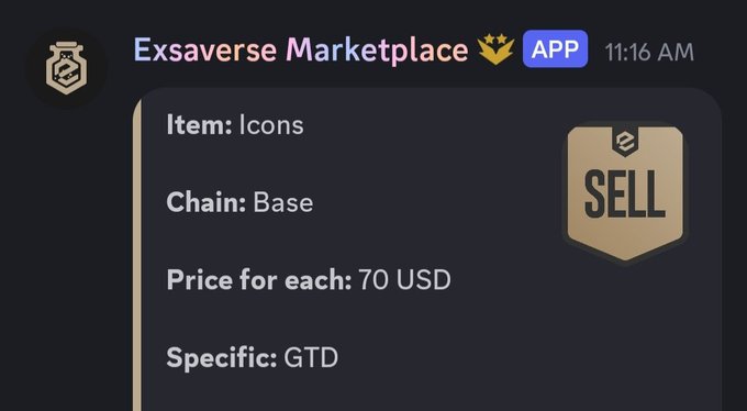 A screenshot from the Exsaverse Marketplace app listing Icons on the Base chain for sale at 70 USD each, marked GTD, with a gold 'SELL' badge.