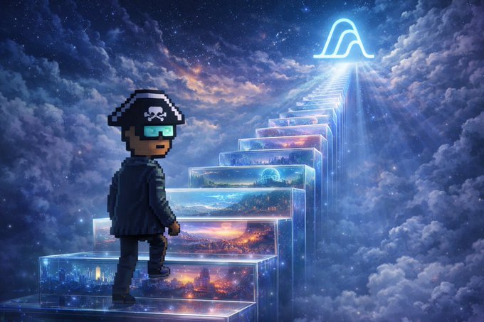 A pixel-art pirate wearing a skull-and-crossbones bandana and VR headset climbs a luminous staircase through cosmic clouds toward a glowing Variational (Var) logo, with each glass step revealing vibrant cityscapes that suggest ascending to higher possibilities.

The image metaphorically illustrates the post's message—climbing a deliberate, structured path (like Variational's RFQ-focused approach) toward a destination, rather than relying on the sprawling infrastructure of a massive order book.