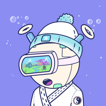 A cartoon character wearing a white beanie and VR goggles that display a mountain landscape, set against a purple background with bubbles and a yin-yang symbol on their robe.
