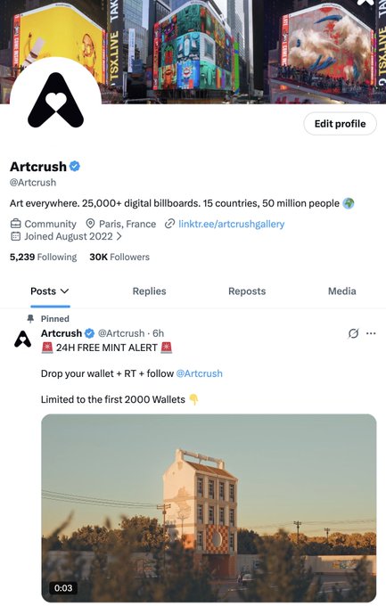 A Twitter profile for 'Artcrush' (@Artcrush) shows 30K Followers and posts a '24H FREE MINT ALERT' to the first 2000 Wallets.