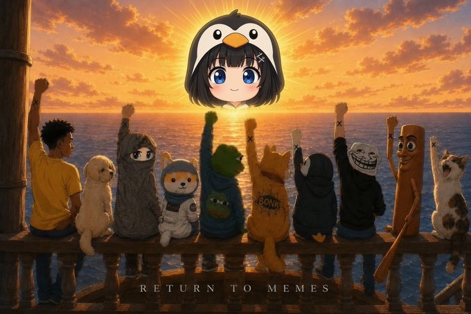 The image depicts an anime-style version of the iconic "Return of the King" scene, where characters sit on a boat raising their fists toward a giant penguin-themed anime girl in the sunset. The text "RETURN TO MEMES" is displayed at the bottom, fitting the post's theme as a humorous nod to meme culture and internet nostalgia.
