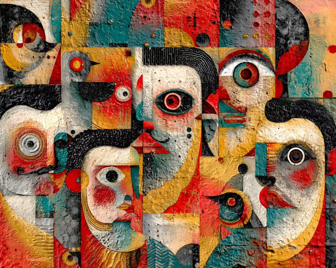 A textured, cubist-style painting featuring abstract fragmented faces with prominent eyes rendered in warm reds, yellows, and teal tones.