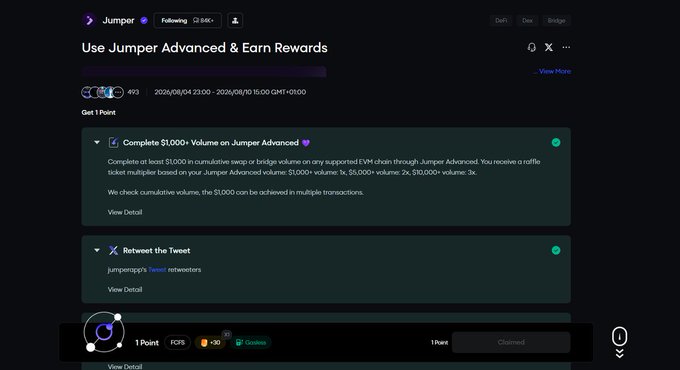 A screenshot of a 'Jumper Advanced' rewards interface showing tasks including 'Complete $1,000+ Volume on Jumper Advanced' and 'Retweet the Tweet' to earn 1 POPS point.